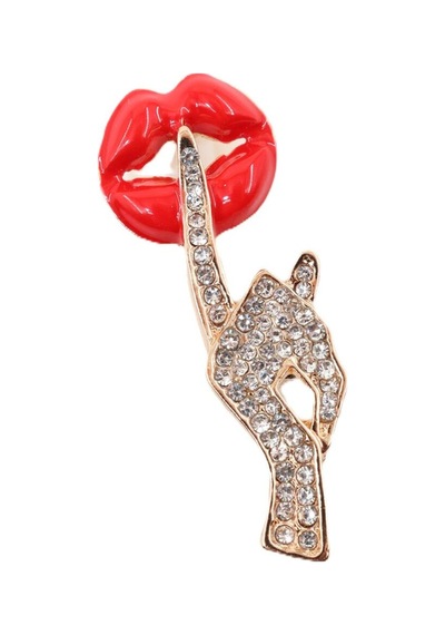 Gold Zirkon Sessiz Ol Broş. Yaka İğnesi Sus Broş. Taşlı Tasarım Dudak Broş. Kadın Broş. Dudak Broş. Gold