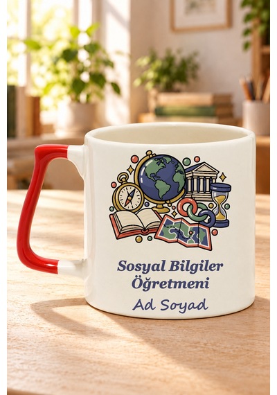 Sosyal Bilgiler Öğretmeni İsimli Baskılı Kırmızı Kulplu Prime Kupa