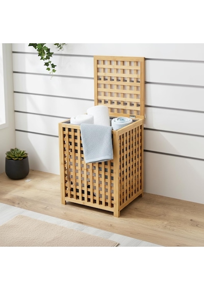 Deconox Kare Bambu Çamaşır Sepeti 40x40x56 Cm - İçi Bezli, Kapaklı Doğal Ahşap Kirli Sepeti Diğer