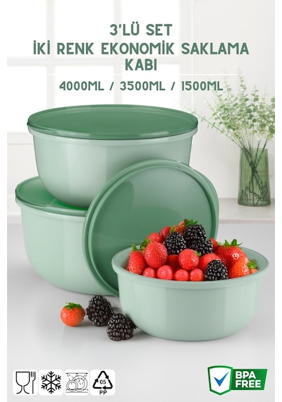 Ayza Model 3 Lü Yuvarlak Saklama Kabı Seti 1.5 Lt + 2.5 Lt + 4 Lt Yeşil