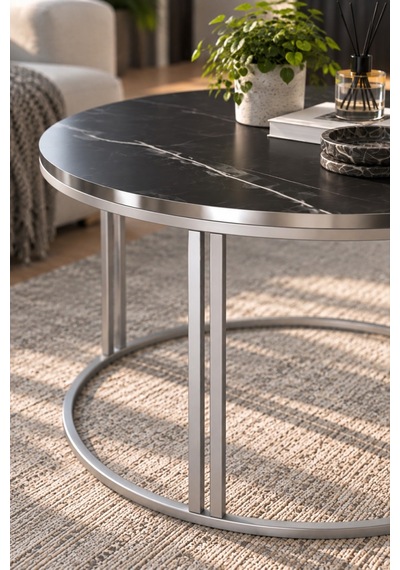 Sulorahome Siyah Mermer Desenli Yuvarlak Orta Sehpa 70 Cm