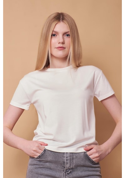 Jument Kadın Sıfır Yaka Kırışmaz Span Karışımlı Şık Kısa Kol Likralı T-shirt Bluz-krem Krem Jument Kadın Sıfır Yaka Kırışmaz Span Karışımlı Şık Kısa Kol Likralı T-shirt Bluz-krem Krem