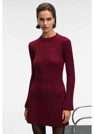 Grımelange ENCANTO Kadın Yuvarlak Yaka Çizgi Desenli Slim Fit Bordo Elbise