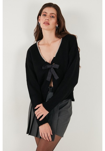 Lela Premium Boncuk Ve Fiyonk Detaylı Regular Fit V Yaka Triko Bayan Hırka 680Hi00180 Siyah