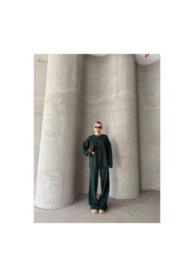 De Pose Oversize Kesim Sade Kadın Triko Takım Zümrüt Yeşil