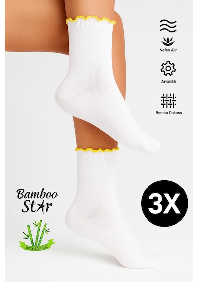 Bamboo Star Bambu Kadın Sarı Fırfırlı Lastiksiz Dikişsiz Kadın Soket 3lü Beyaz Çorap/iz Bırakmaz/ Sıkmayan Çorap Sarı - Beyaz