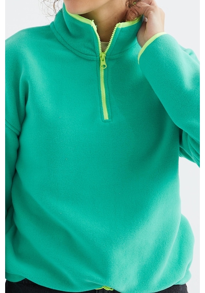 Tommy Life Deniz Yeşili Yarım Fermuar Etek Ucu Büzgülü Dik Yaka Oversize Kadın Polar Sweatshirt - 97234 Yeşil