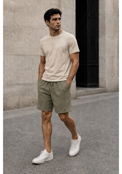 Erkek Keten Haki Şort & Bej-beyaz Basic Pamuklu 2 Li Set Tişört Premium Rahat Kalıp 3 Lü Yazlık Takım Bej+beyaz-tişört/haki-şort