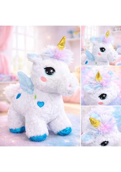 Kanatlı Boynuzlu Unicorn Pony Peluş Oyuncak 35 Cm Mavi
