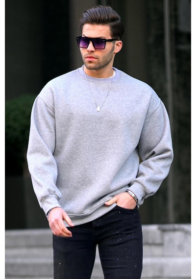 Madmext Gri Bisiklet Yaka Oversize Şardonlu Basic Erkek Sweatshirt 6048-gri Gri