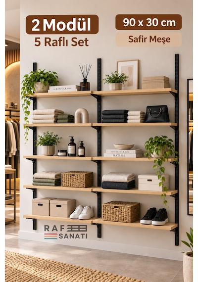 2 Modül 90x30 Cm 10 Raflı Geniş Mağaza Duvar Rafı Konik Dikme Sistem Safir Meşe Suntalam