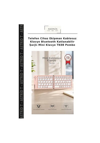 Telefon Cihaz Ekipman Kablosuz Klavye Bluetooth Katlanabilir Şarjlı Mini Klavye Tk08 Pembe