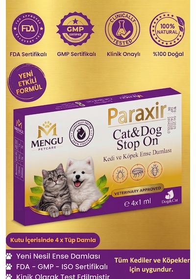 Mengu Petcare Paraxir Kedi Ve Köpek Damlası Pire Dış Parazit Bit Kene Deri Bakımı Için Bitkisel Damla 1-10 Kg 4 Tüp X 1 Ml