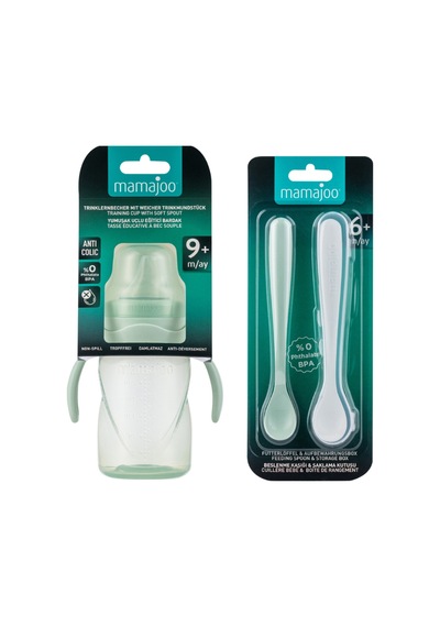 Mamajoo Kulplu Eğitici Bardak 270 ML & İkili Beslenme Kaşığı Açık Yeşil