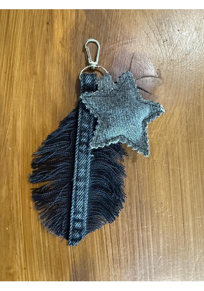 El İşçiliği Yaprak Yıldız Detaylı Denim Çanta Charm Siyah - Gri