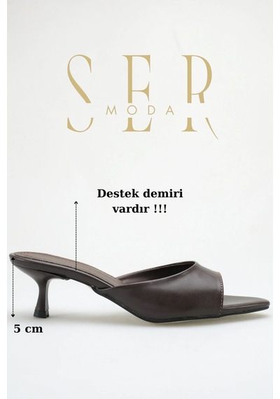 Sermoda Topuklu Kadın Terlik - 5 Cm İnce Topuklu Sivri Burun Kadın Terlik Kahve