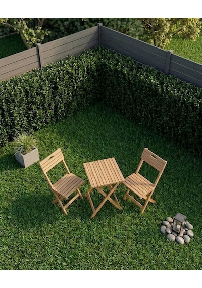 Duo Balkon Bahçe Mutfak Katlanır Masa Bej Rengi Minderli Sandalye Bistro Set Ahşap