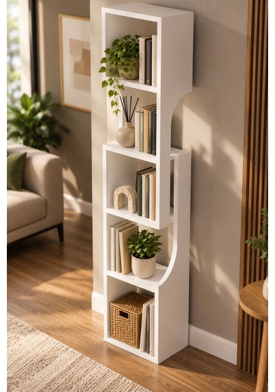Sulorahome 5 Katlı Modern Beyaz Kitaplık Ve Dekoratif Raf Ünitesi Antrasit