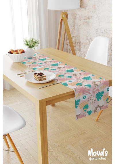 Pastel Çiçek Ve Yaprak Desenli Baskılı Süet Runner Masa Örtüsü