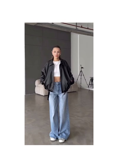 Belizmod Oversize Kemerli Bomber Deri Ceket Siyah Siyah