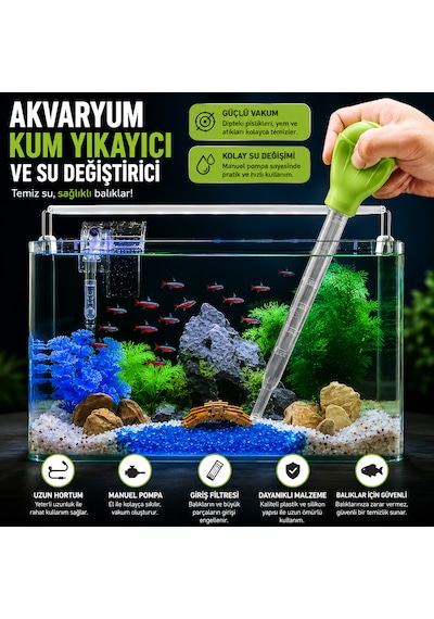 Manuel Akvaryum Su Değiştirici Kum Yıkayıcı Sifon Pompası Güçlü Vakumlu Dip Temizleme Aparatı Balık Dostu Akvaryum Temizlik Seti