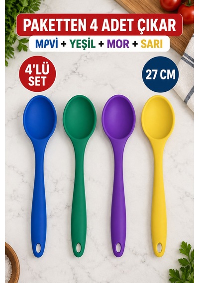 4'lü Set Mavi Yeşil Mor Sarı, Büyük Boy Silikon Kaşık Seti 27 Cm, Mutfak Yemek Pişirme Servis Kaşığı