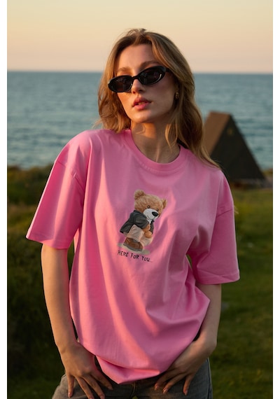 Velvoria Oversize Kadın Here For You Baskılı Pembe Renk T-shirt