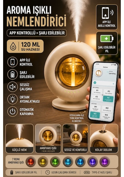 Ultrasonik Hava Nemlendirici Aroma Difüzör 120ml Usb Ve Pilli Çalışan Uygulama Kontrolü Zaman Ayarlı Krem