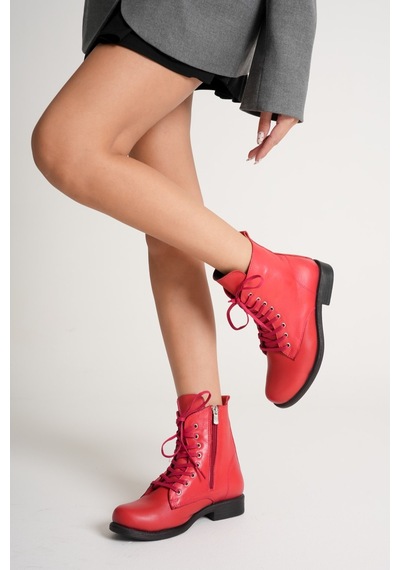Analin Shoes Kadın Hakiki Deri Bağcıklı Ve Fermuarlı Bot Kırmızı