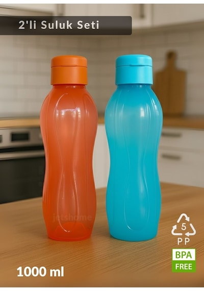 2 Li Su Şişesi Seti 1000 Ml Matara, Bpa Free, Ev-iş-spor İçin Mavi-turuncu Pp-5 Mavi & Turuncu