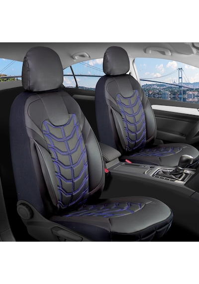 Seat Leon Reference Uyumlu Lüx Deri Oto Koltuk Kılıfı Ön Arka Takım Classy Serisi Mavi Siyah