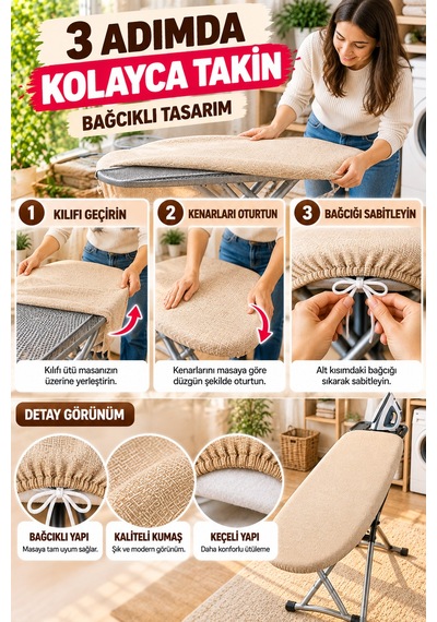 Bej Ütü Masası Kılıfı 50x130 Cm Keçeli Bağcıklı Ütü Bezi Örtüsü Pratik Kullanım Yedek Kılıf Gri Renk