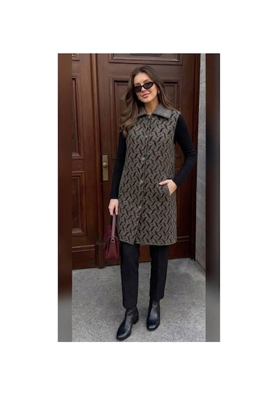 Onno Style Women Desenli Çelik Örgü Uzun Triko Kadın Yelek Kaban Gri