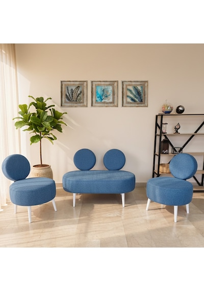 Azra Mobilya Dünya Model Koltuk Takımı 2+1+1 Buklet Kumaş Ahşap Ayaklı Modern Ofis & Bekleme Alanı Seti Mavi