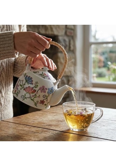 Porselen Çini Piraye Demlik - Bambu/hasır Saplı, Ateşe Dayanıklı Nostaljik Bitki Çayı Ve Çay Demliği 900 Ml - 2 Farklı Desen Seçeneği Pıraye 1