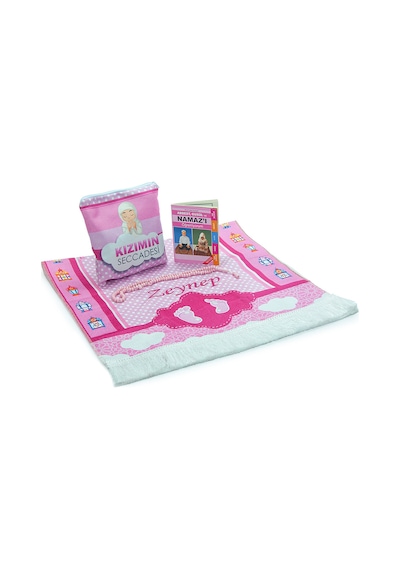 Çantalı Kız Çocuk İsimli Seccade, Tesbih, Namaz Öğreniyorum Kitabı Seti Pembe