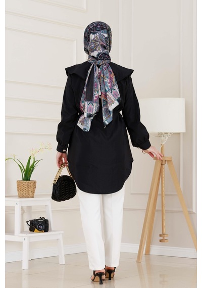 Sevitli Beli Bağcık Detaylı Geniş Yaka Tunik-siyah-4988 Siyah