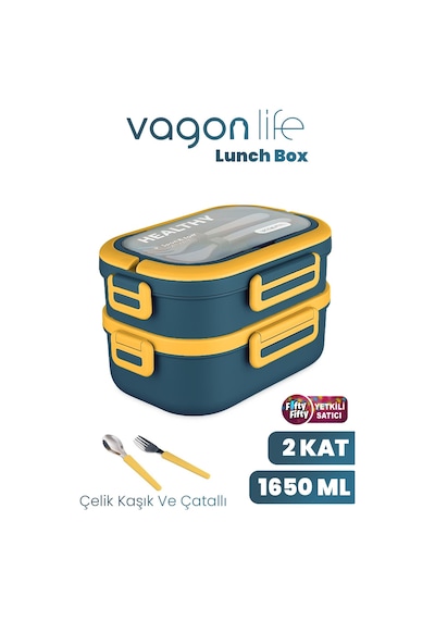 1650 Ml İki Kat Üç Bölme Paslanmaz Çelik Lunch Box Yeni Nesil Sefer Tası - Kaşık Ve Çatallı -6715 Lacivert
