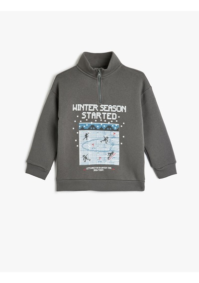 Koton Sweatshirt Dik Yaka Uzun Kollu Kış Temalı Baskı Detaylı Şardonlu Antrasit 5wkb10321tk Antrasit