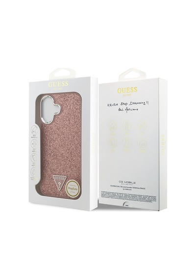 Apple Uyumlu iPhone 17 Kılıf Guess Lisanslı M-safeli Metal Kamera Çerçeveli Üçgen Logolu Glitter Pembe Pembe