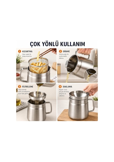 Çift Süzgeçli Paslanmaz Çelik Yağ Süzme & Saklama Kabı Kapaklı Kızartma Yağı Filtresi Çok Renkli