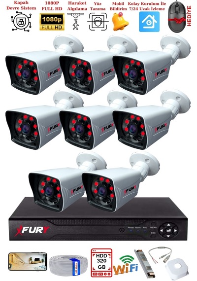 Fury 8 Kameralı 2mp Full Hd Görüntü 6 Atom Led Gece Görüşlü Dış Mekan Güvenlik Kamerası Seti 320gb