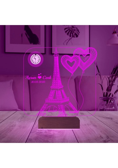 Luvivia Eyfel Kulesi Kalp Sevgiliye Hediye Kişiye Özel Metal Saatli 3d Lamba - Masa Gece Lambası