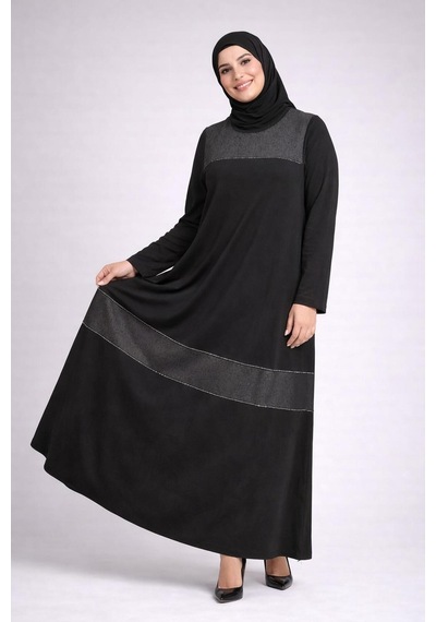 Hira Life Fashion Kadın Önü Desenli Taş Detaylı Düz Tessetür Elbise Siyah Siyah
