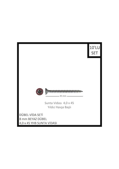 Dübel-vida Seti, Beyaz Dübel 8 Mm, 4,0x45 Yhb Sunta Vidası, 10 Adet