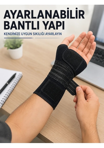 Metal Destekli El Bilek Ateli Ayarlanabilir Bantlı Bileklik Başparmak Açık Siyah