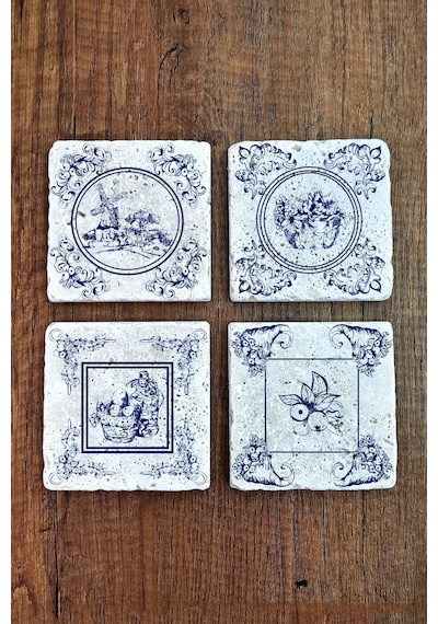Doğal Taş Bardak Altlığı 4'lü Set 10x10x1 Cm Ünlü Mavi Desenler -stone Coasters Çok Renkli