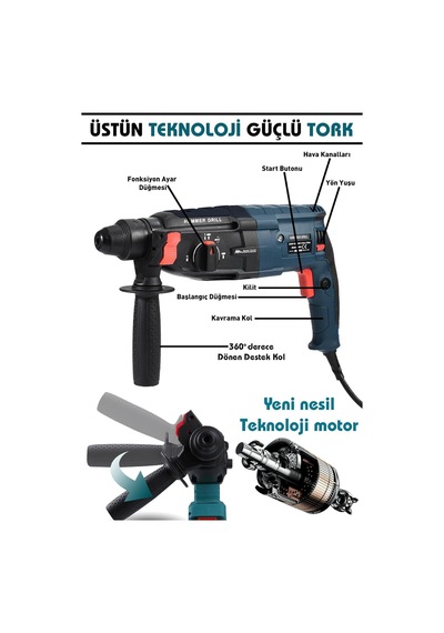 Tr 850w Sds Plus Kırıcı Delici Matkap Metal Şanzıman 2-28 Mm Delme Kapasitesi 3 Fonksiyonlu Darbeli Hilti B