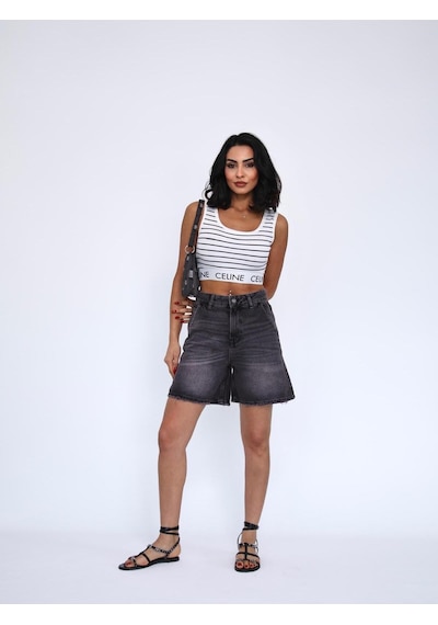 Füme Denim Mini Şort Siyah