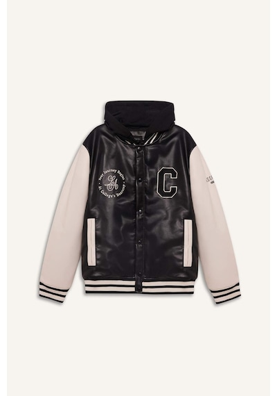 Defacto Regular Fit Kolej Yaka Çıkarılabilir Kapüşonlu Çıtçıtlı Suni Deri Bomber Mont E9972ax25aubk27 Siyah